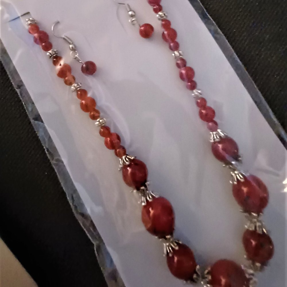 Vintage Red Bead Necklace and Earring Set
